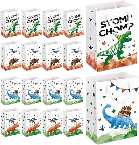 WERNNSAI Watercolor Dinosaur Party Favor Bags - 16 Pack Dinosaur Birthday Party Goodies Bag for Boys Kids Dino Birthday Favors Dino Candy Treat Bag with Handle for Baby Shower Celebration Supply