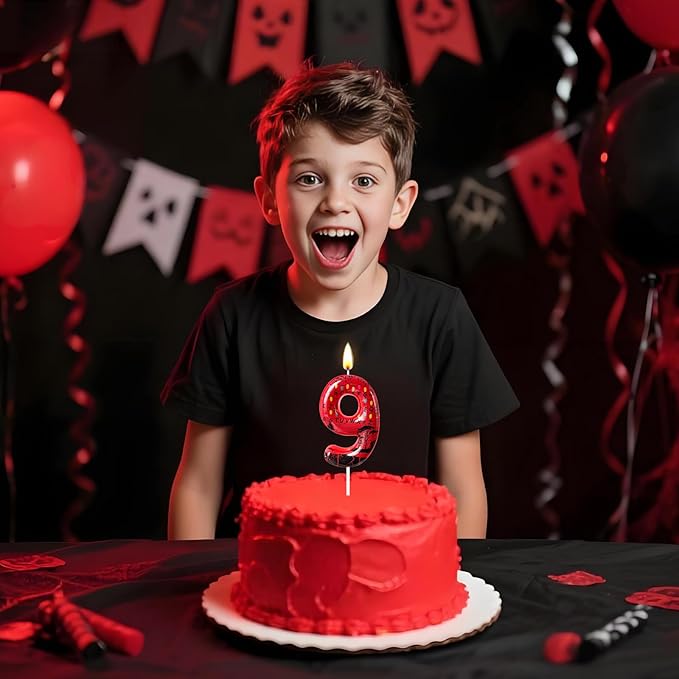 Red Number 9 Birthday Candle for Cake – Dark Horror Style with Alphabet Print & Shadow Design – Unique Cake Topper for Birthday, Anniversary, Themed Party Decoration