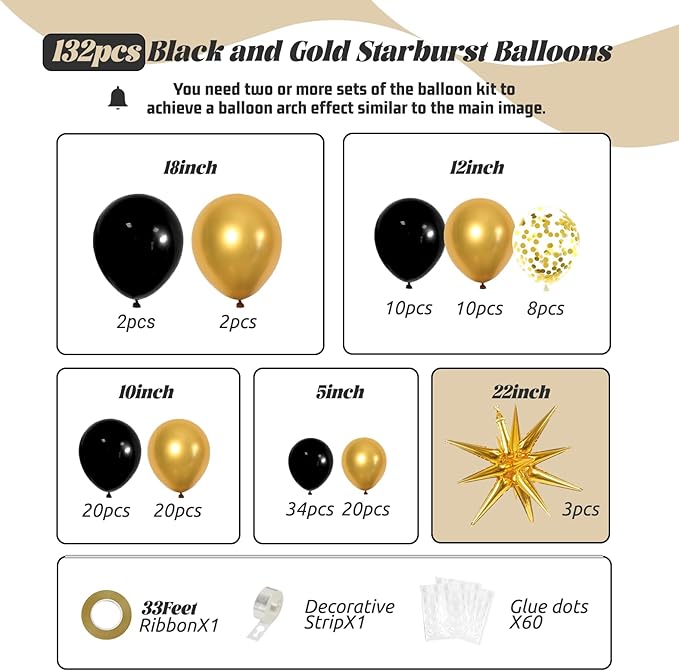 FOTIOMRG Black and Gold Balloons Garland Arch Kit, 5 10 12 18inch Black Gold Confetti Latex Balloons for 2025 Graduation New Year Anniversary Birthday Party Decorations