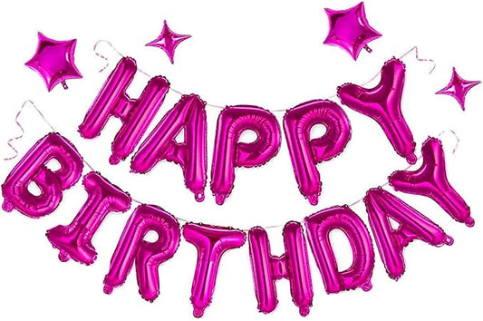 Hot Pink Happy Birthday Banner Balloon Aluminum Foil 16 Inch Letter,10 Inch Five Pointed Star Four Pointed Star Suitable for Kids, Men, Women, Boys and Girls Party Decoration Supplies