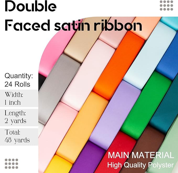 Satin Ribbon 1 Inch x 48Yds Assorted Colorful Wide Bulk Ribbon Pack, Double Faced Satin Ribbon Set, Thick Silk Fabric Ribbons for Crafts, Flower Bouquet, Christmas Gift Wrapping, Hair Bows