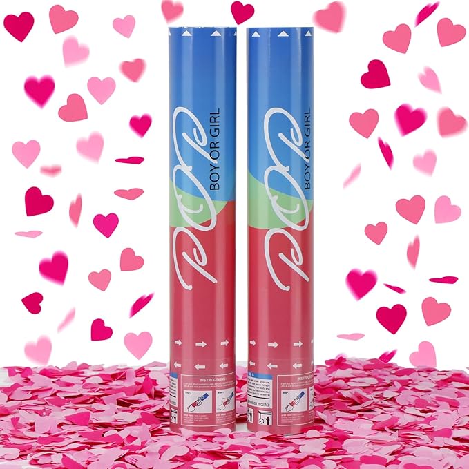 Gender Reveal Poppers Pink, Baby Girl Confetti Cannons 2 Pack with Heart Shaped Confetti for Baby Shower, Birthday, Gender Reveal Party Supplies - 12 inch