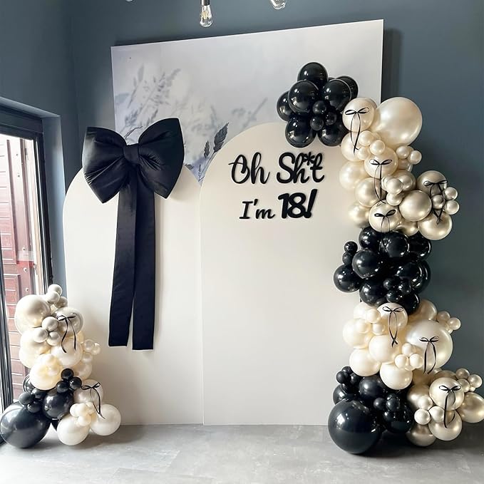 HILAVO Black and Sand White Balloon Arch Kit 105 Pcs Bow Balloon Garland Coquette Bow Balloons Ribbon Double Stuffed Sand Black Balloons for Coquette Birthday Wedding Baby Shower Bridal Party Decor