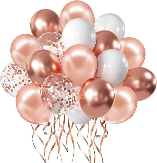 Zesliwy 50pcs Party Balloons Rose Gold Balloons, Rose Gold Metallic White Balloons with Confetti Balloons for Birthday Party Wedding Graduation Anniversary Bridal Shower Decorations