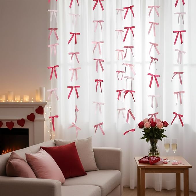 Taobary 8 Pcs 6.6 ft Bow Garland, Satin Ribbon Bow Banner Coquette Hanging Ornament for Photo Backdrop Birthday Party Wedding Bridal Baby Shower Wall Decorations(Elegant Pink,0.63 Inch)