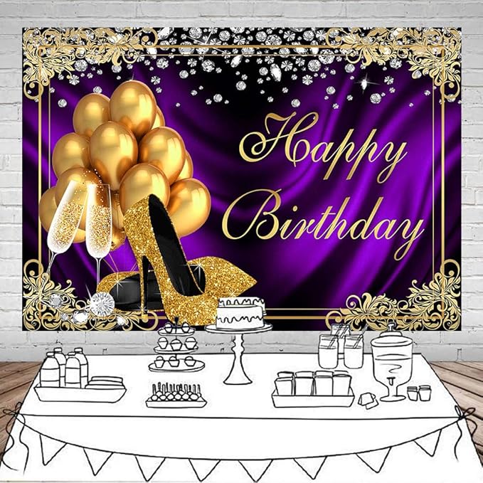 Mocsicka Royal Purple Birthday Backdrop Shiny Diamond Gold Heels Champagne Photography Background Vinyl Adults Women Happy Birthday Golden Frame Party Decorations Supplies Photo Props (6x4ft)
