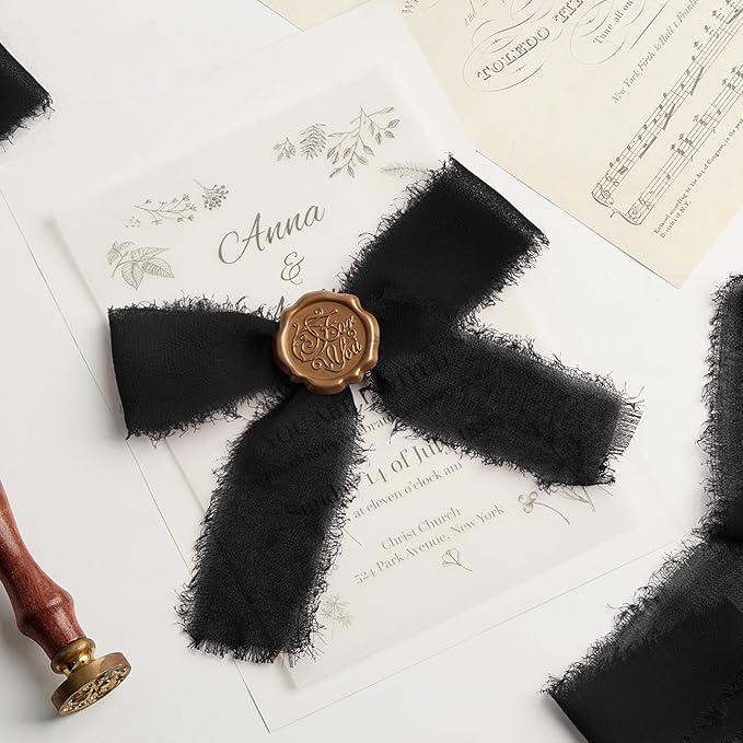 Black Chiffon Ribbon 1.5" x 21 Yd Handmade Fringe Silk Chiffon Fabric Ribbon for Gift Wrapping Wedding Invitation Bridal Flower Bouquet DIY Crafts Home Decor