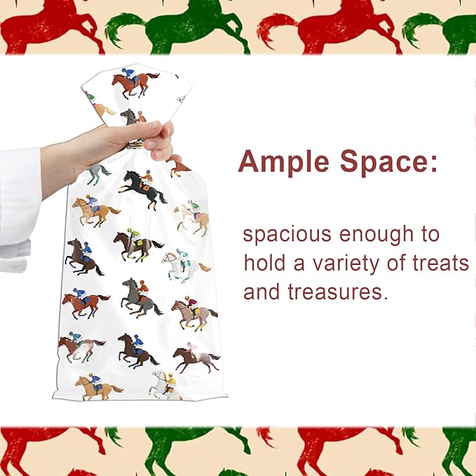 RAXFLY 100 Pcs Horse Goodie Bags, Western Horse Racing Cellophane Candy Bags with Gold Ties, Cowboy Party Treat Bags for Birthday Party Supplies