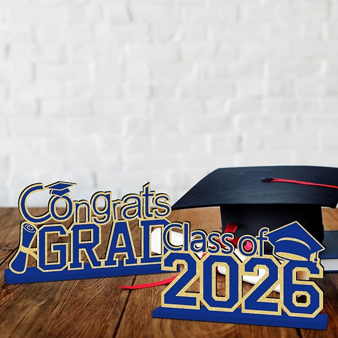 4Pcs Blue and Gold Graduation Decorations Class of 2026 Congrats Grad Wooden Table Centerpieces Grad Table Decorations for Graduation Centerpieces