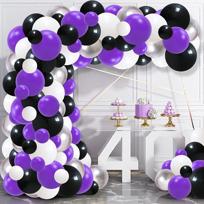 Purple Black White Balloon Garland Arch Kit - Purple Black Balloons Purple Silver White Balloon for Birthday Wedding Anniversary Engagement Graduation Party Decorations