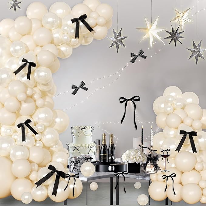 White Sand Balloon Arch Kit 141 Pcs Cream Beige Balloons Garland Arch Kit with Black Bow for Coquette Birthday Wedding Baby Shower Bridal Shower Decorations