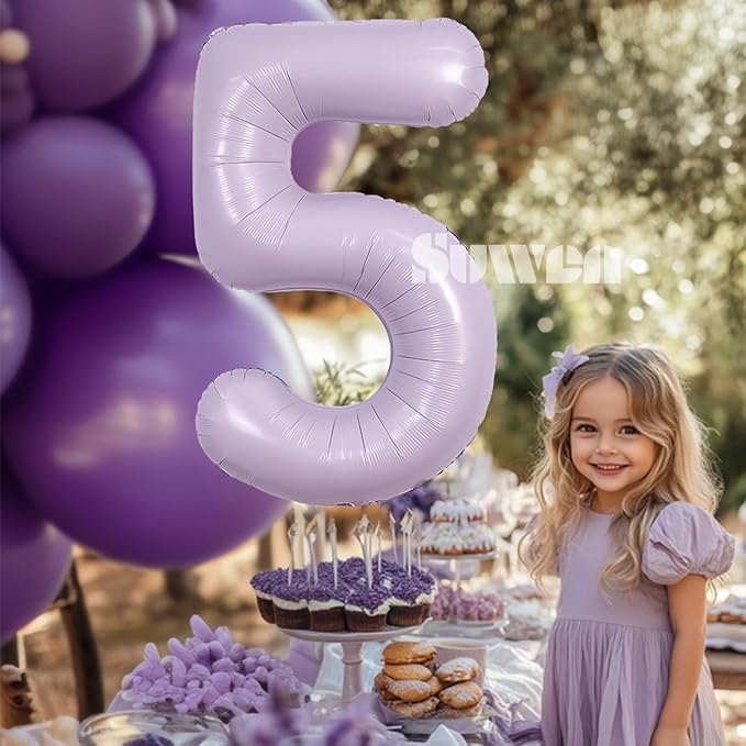 SUWEN 40 Inch Light Purple Large 5 Balloon Number Big Foil Helium Lavender Number Balloons Huge Mylar 0-9 Giant Jumbo Happy 5th Birthday Party Anniversary Decorations