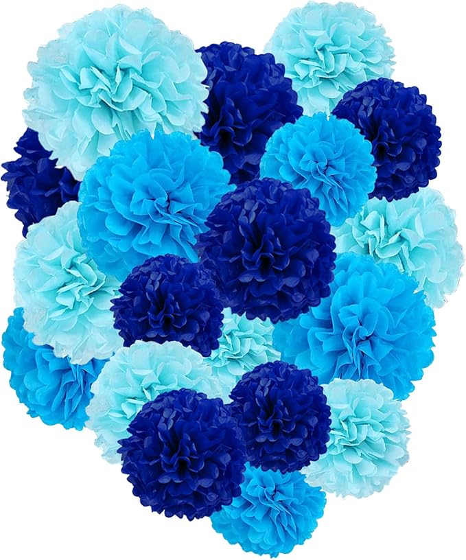 Capesaro Blue Paper Pom Poms - 10",12" Tissue Pom Poms Decorations for Baby Shower Boy Party Hanging Decor - 12 Piece Set