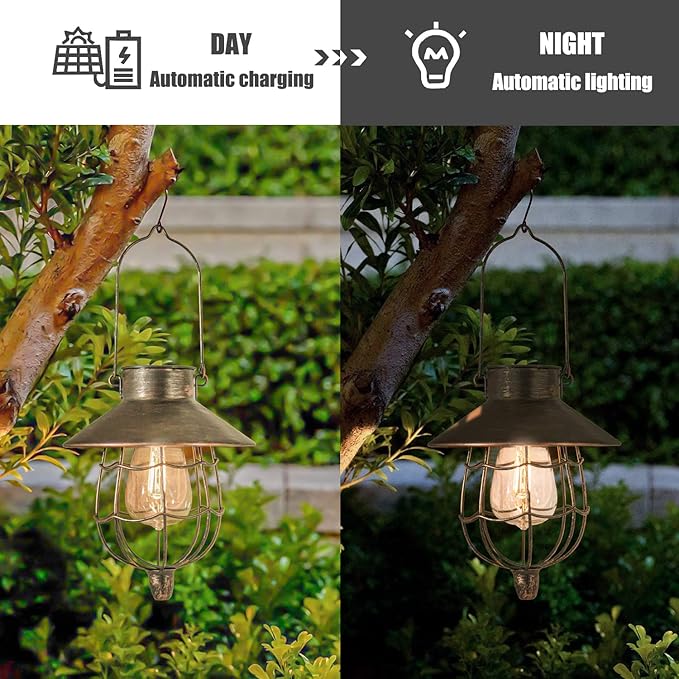 YAKii 2 Pack Solar Lantern Hanging Waterproof Outdoor Metal Solar Lamp with Warm White Light Decorate for Yard Garden Pathway Patio Porch Decor (Antique Copper)