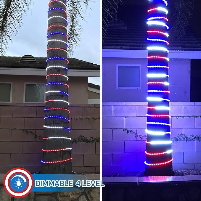 Russell Decor 60ft Red White Blue LED Rope Lights with Patriotic Lights with 4-Level Dimmable Controller Outdoor for Patriotic 4th of July Memorial Day Decor Patio Deck Flexible Lights