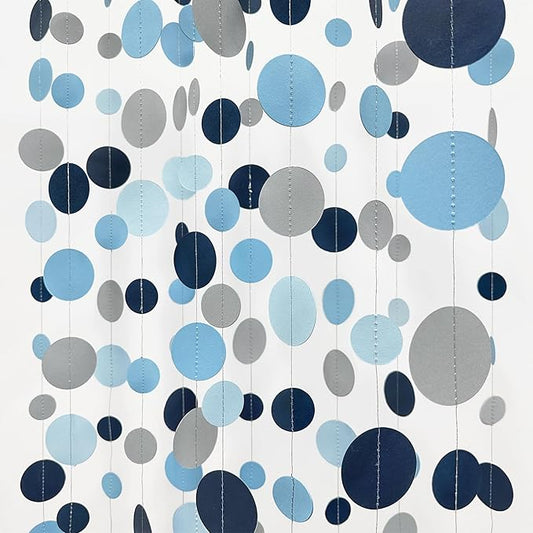 Dusty Blue Party Decorations Navy Blue Circle Dots Garland Gray Blue Hanging Paper Polka Dot Streamer for Wedding Baby Shower Engagement Bridal Shower Birthday Graduation Nautical Theme Party Supplies