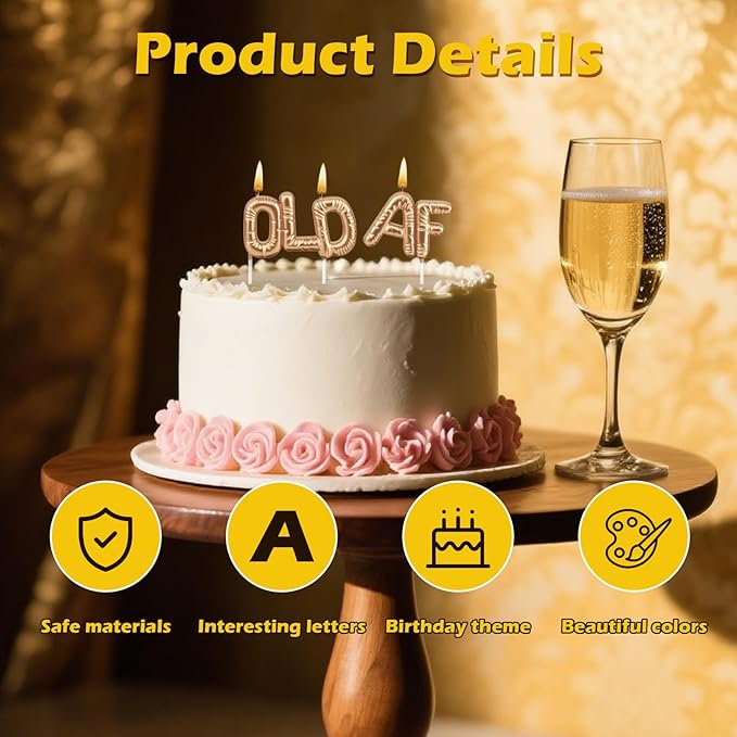 Funny Old AF Birthday Candles for Cake – Humorous Birthday Cake Candles for Milestone Birthdays & Retirement Parties (Rose Gold)