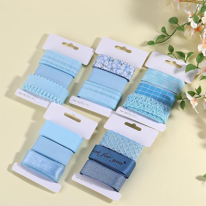 BEEFLYING 3 Styles Light Blue Wire Edged Ribbons for Gift Wrapping Decoration 25~28mm×2.7m Herringbone Ribbons Organza Ribbons for Wedding Party Hair Bows, Flower Designs Sewing & Craft, 9 Yards