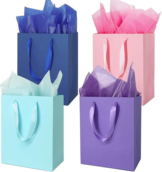 MOXARYSU 4 Pcs Medium Gift Bags: 8x5x10 Inches Gift bags With Handles Party Favor Bags With 8 Tissue Paper For Party,Birthday,Baby Shower,Wedding（Pink+Purple+Deep blue+Sky blue）