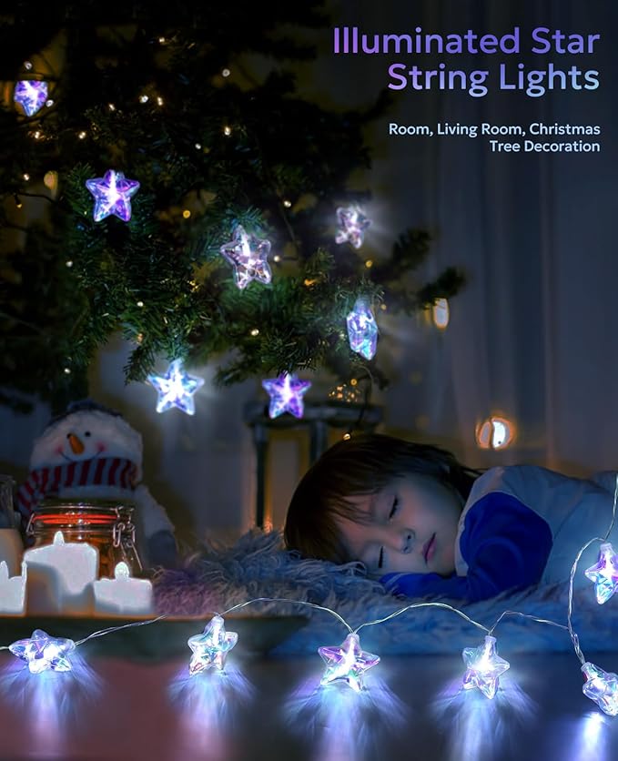 AceList 20 LED Star String Lights, 10ft Iridescent Star Lights with Remote, IP44 Waterproof, 8 Modes USB or Battery Operated Fairy Lights for Bedroom, Christmas, Party Decor (White)