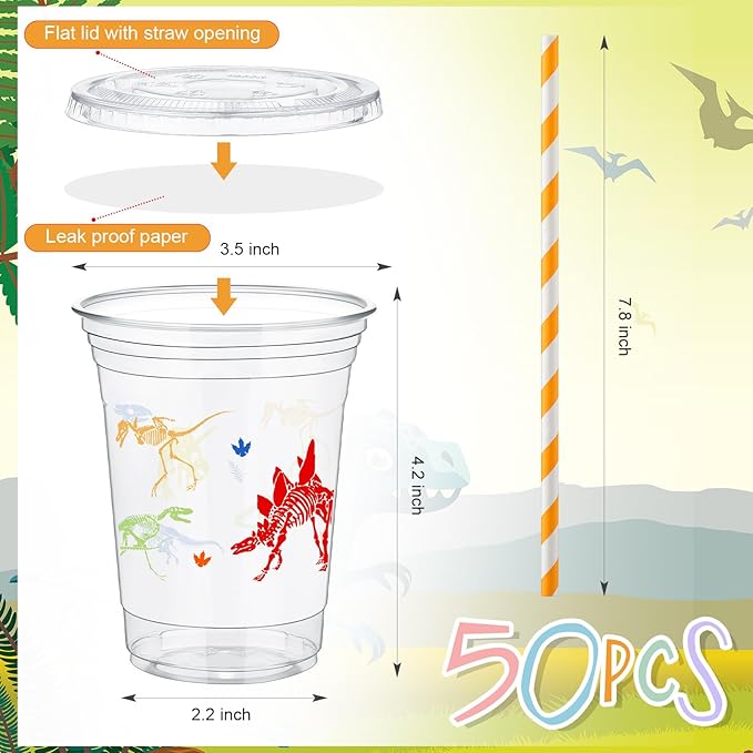 FoldTier 50 Pcs Dinosaur Cups for Kids 12 oz Disposable Plastic Cups with Straws and Lids Dinosaur Clear Cup Birthday Party Cups Supplies for Kids Birthday Table Decorations Party Favor