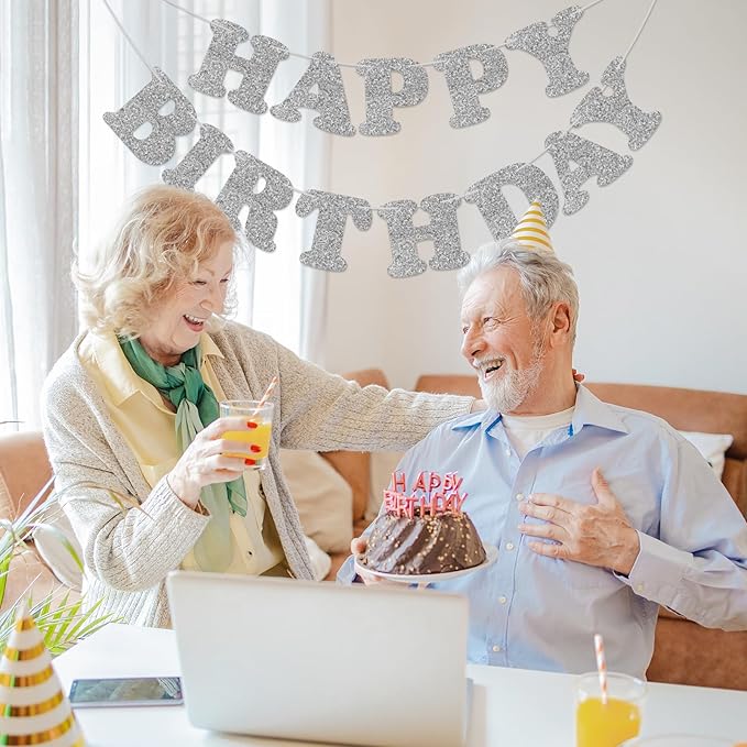 Silver Happy Birthday Banner Birthday Party Decorations Happy Birthday Banner Bunting Garland Sign for Kids Boys Girls Adults Birthday Baby Shower Celebration Party Backdrops Supplies