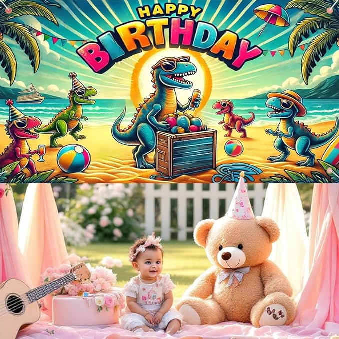 Tropical Happy Birthday Party Banner 71x43 Inch, Fun Design with Colorful Balloons and Palm Trees, Perfect for Summer Parties and Outdoor Photo Backdrops