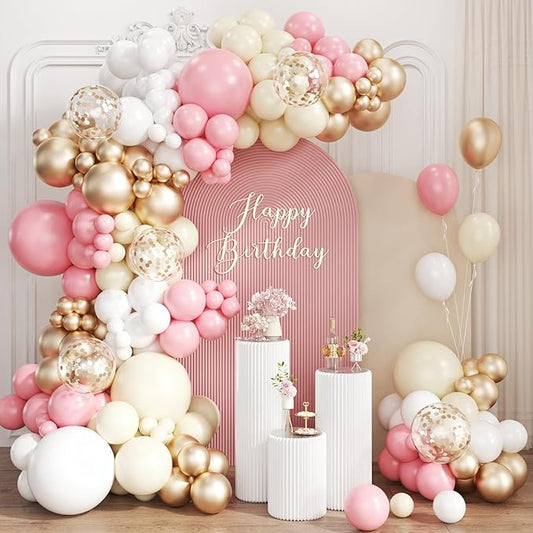 Pink White and Gold Balloon Garland Arch Kit, 167Pcs Latex Balloons Different Sizes Blush Ivory White Champagne Gold for Engagement Baby Shower Birthday Party Decorations