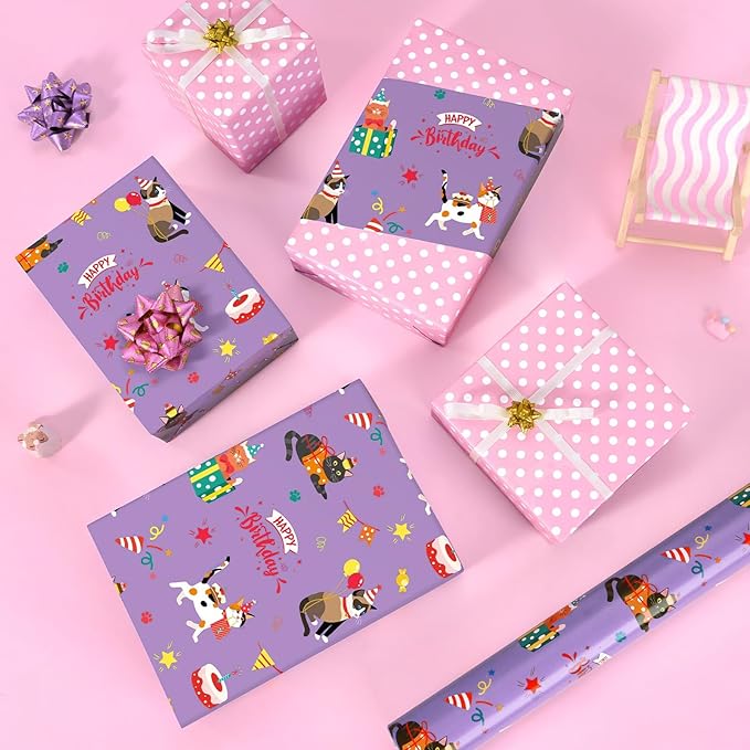 WERNNSAI Cat Birthday Wrapping Paper Roll - 1 Roll 17”x 66 ft Reversible Cat Gift Wrap Pink Purple Wrapping Paper for Girls Kids Birthday Party Gift Wrap with Polka Dot Design
