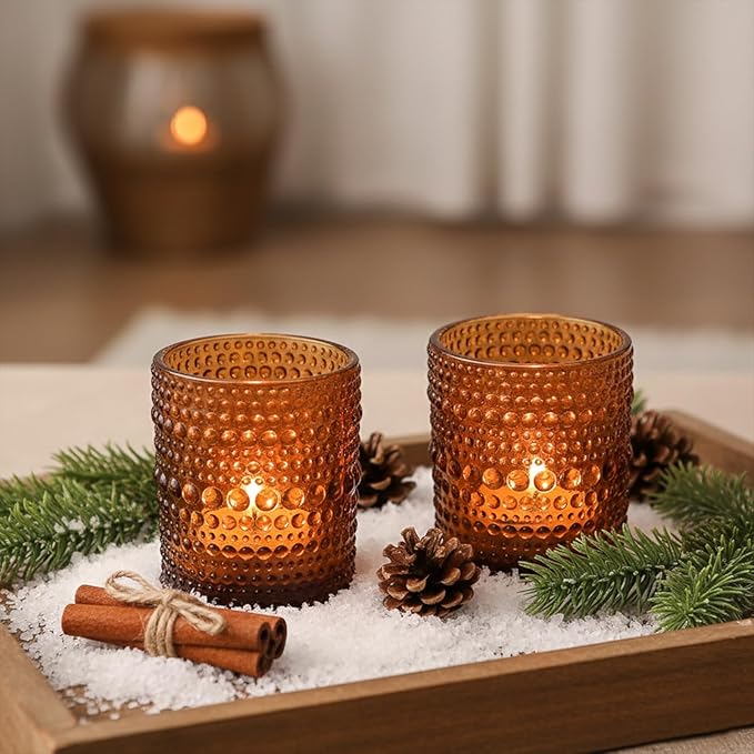 48pcs Amber Votive Candle Holders Votive Candles for Table, 2x2.5in Vintage Glass Small Tea Light Candles Holders for Candle Making Holder, Tealight Candle Holder for Wedding Centerpieces