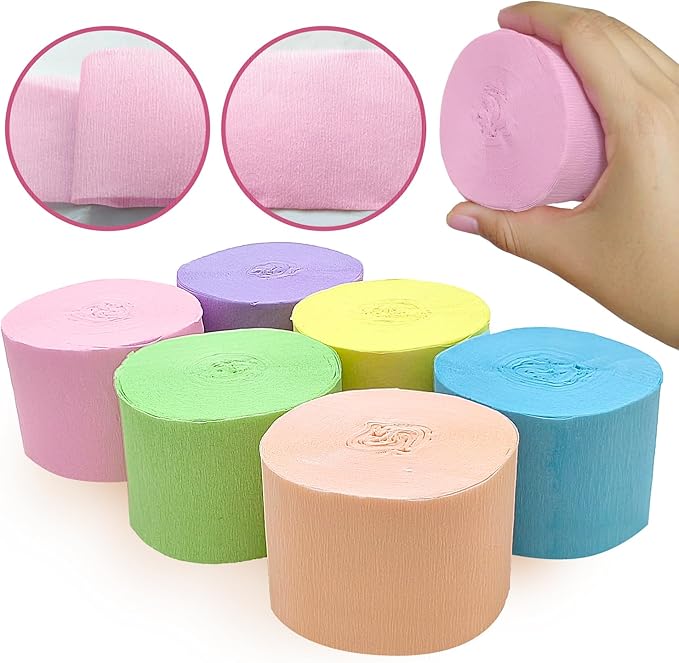 6 Crepe Paper Streamers Rolls, 492ft 6 Pastel Colors Crepe Paper Party Supplies for Birthday Wedding Spring Themed Party Decorations, DIY Crafts Supplies (1.8 inch x 82 ft/Roll)
