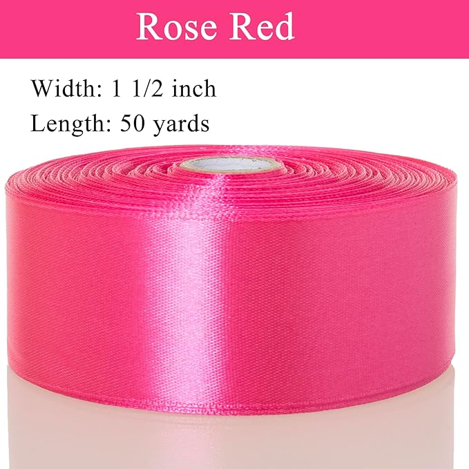 YASEO 1 1/2 Inch Rose Red Solid Satin Ribbon, 50 Yards Craft Fabric Ribbon for Gift Wrapping Floral Bouquets Wedding Party Decoration