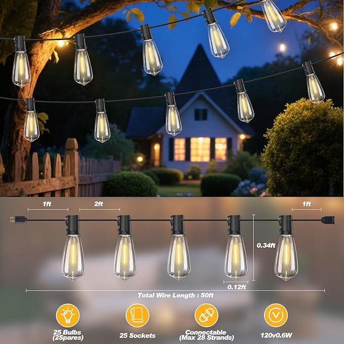 50 FT Outdoor String Lights with 27 Shatterproof Waterproof LED Edison Bulbs Connectable Hanging Patio Lights for Backyard Deck Party