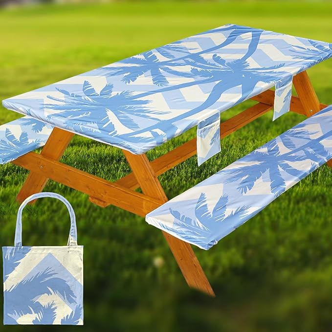 Fitted Picnic Table Cover with Bench Covers, Windproof Vinyl Table Cloths Outside Camping Cooking Backyard Furniture Seat Cushion Tablecloth Activities Party Decor Decorations Para Acampar Equipment