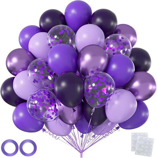 60pcs Purple Balloons 12 Inch, Dark Matte and Pastel Lavender Metallic Confetti Purple Balloon Garland Kit for Sweet 16, Graduation 2026, Baby Shower Decorations