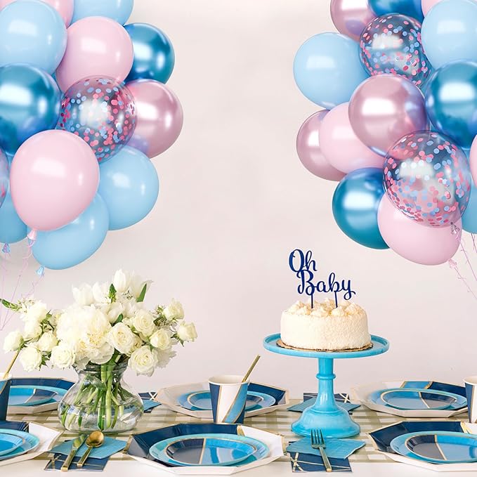 Pink and Blue Latex Balloons Set, 65Pcs 12 Inch Metallic Pink and Metallic Blue Balloons, Gender Reveal Balloons for Boy or Girl Gender Reveal Decorations Birthday Party Baby Shower Anniversary