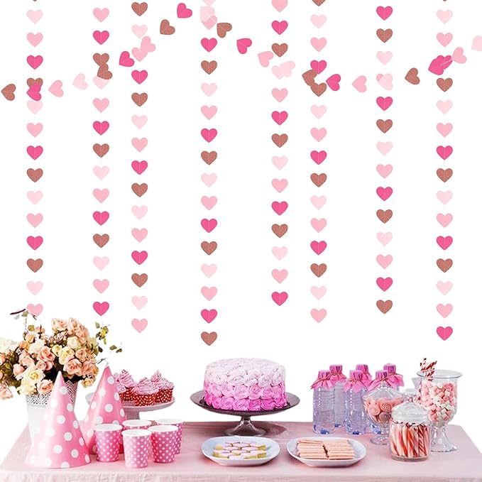 Light-Pink Rose-Gold Valentines Party-Decorations Heart-Garland - 52ft Red Galentines Streamers Banner,Women Romantic Special Night Wedding Bachelorette Bridal Shower Birthday Backdrop Decor Burgleda