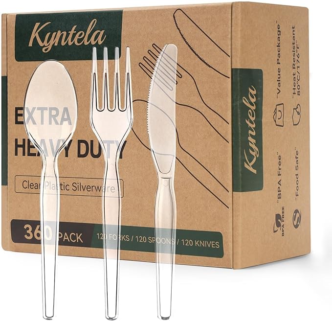 Heavy Duty Plastic Cutlery Set, 360 Count Disposable Cutlery Set with Clear Forks Spoons and Knives, BPA-Free Heat Resistant Silverware, Plasticware Bulk for Parties, Catering, Picnic