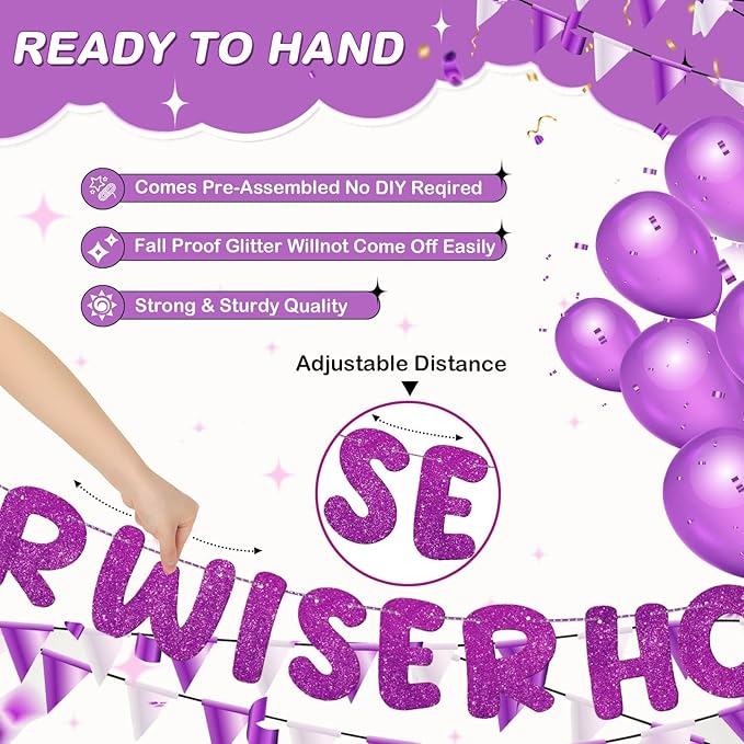 Fulmoon Set of 3 Pre Strung Older Wiser Hotter Glitter Banner Funny Birthday Banner for Women 30th 40th 50th 60th 70th 80th Birthday Party Decorations Sign Gift(Purple)