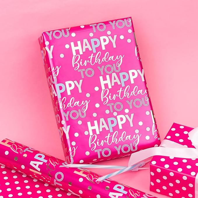 MAYPLUSS Reversible Birthday Wrapping Paper Roll 17In x 16.5FT Rose Red Happy Birthday Letter Glitter Metallic Foil (23.4 sqft) for Boys Girls Kids Women Holiday Party Baby Shower