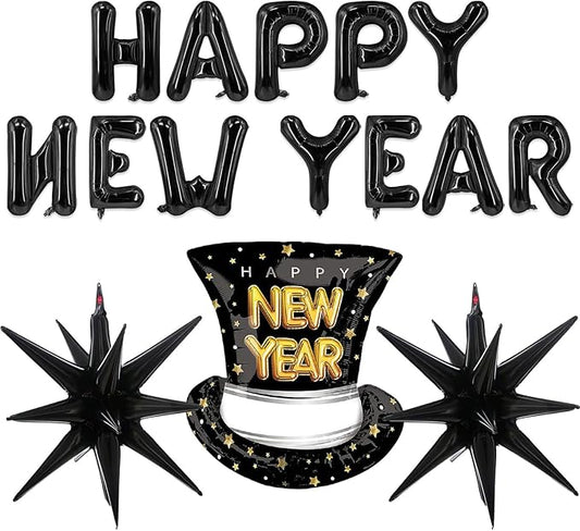 New Year Balloons Black Happy New Year Balloons NYE Balloon Star Hat Balloon for New Years Eve Party Decorations New Years Themed Party Decor Supplies Sets-15 Pcs