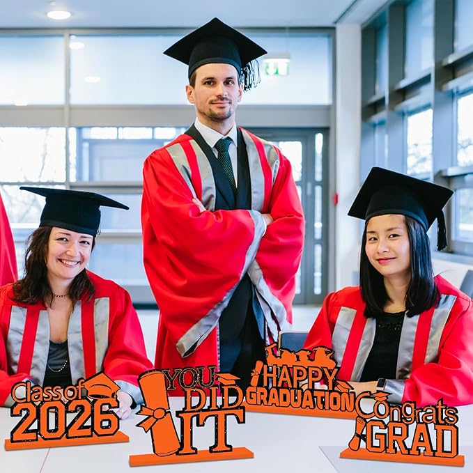 4Pcs Orange and Black Graduation Decorations Class of 2026 Congrats Grad Wooden Table Centerpieces Grad Table Decorations for Graduation Centerpieces