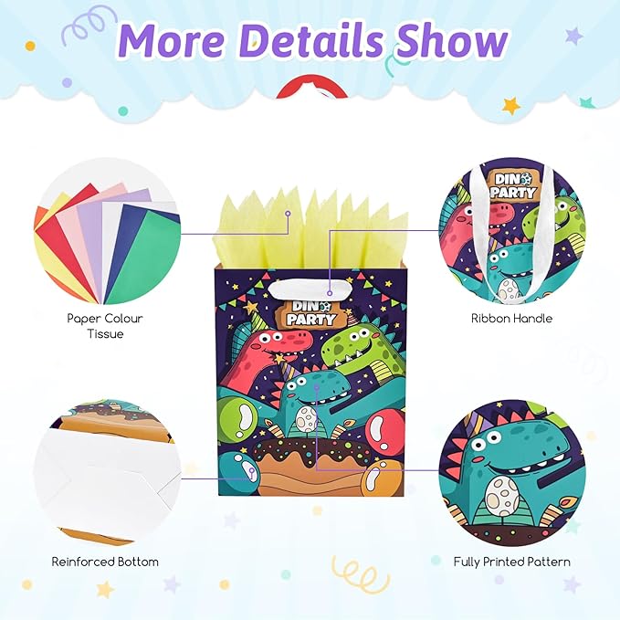 UOKHO Birthday Gift Bag with Handle and Tissue Paper, 8 Pcs Reusable Gift Bags Assorted Sizes and Designs, Large, Medium, Small Size Birthday Gift Bag for Kids, Women, Men -15“,13“, 9“
