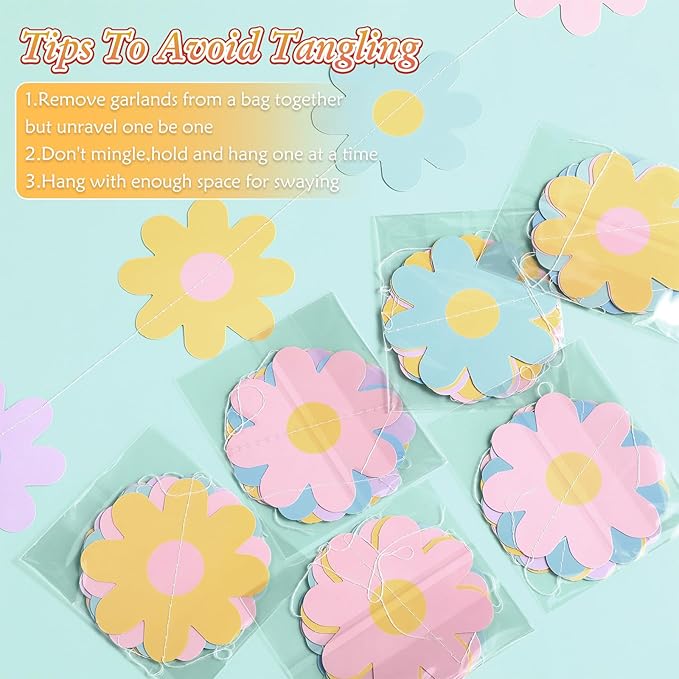 Pasimy 8 Pcs Daisy Boho Party Decorations Groovy Daisy Paper Garlands White Flower Hanging Garland Banner Hippie Flower Cutouts for Birthday Shower Wedding Party Favor Supplies(Groovy,Pastel)