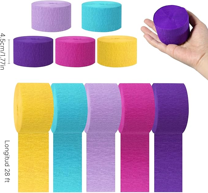 Paper Streamers,5 Rolls Pink Blue Purple Paper Streamers Birthday Party Decorations for Birthday, Bachelorette, Baby Bridal Shower, Wedding(1.77Inch x 82Ft/Roll)