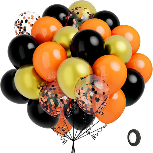 Orange Black Gold Balloons, 60 Pcs Halloween Balloons, 12 Inch Black and Orange Latex Balloon and Confetti Balloon, Party Balloons for Graduation Halloween Birthday Fall Thanksgiving Party Decorations