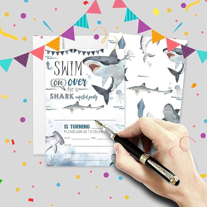 AEHIE 20 Sets Shark Birthday Invitations With Envelopes,Marine Life Sharks Double-sided Printed Birthday Party Invitation Invite Cards for Boys Girls Kids,Baby Shark Birthday Party Invites