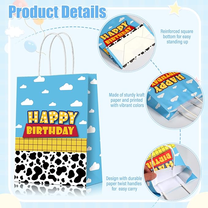16 Pcs Cartoon Story Party Favor Bags, Cow Pattern Goodie Treat Bags, Blue Sky White Cloud Kraft Paper Candy Gift Bags With Handle for Kids Birthday Party Decorations