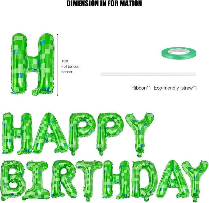 CANREVEL Happy Birthday Banner 13pcs 16 Inch Mylar Foil Letters Sign Balloons Green Pixel Miner Theme Birthday Party Decorations for Kids and Adults