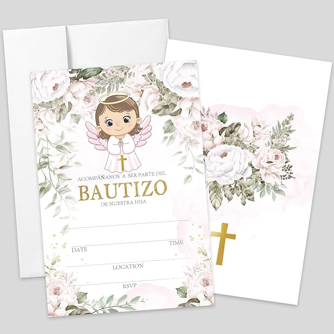 AEHIE 20 Sets Bautizo Baptism Baby Shower Party Shaped Fill-In Invitations With Envelopes, Pink Floral Angel Gold Cross Invitations Cards for Girls, Christening First Holy Communion Party Invites